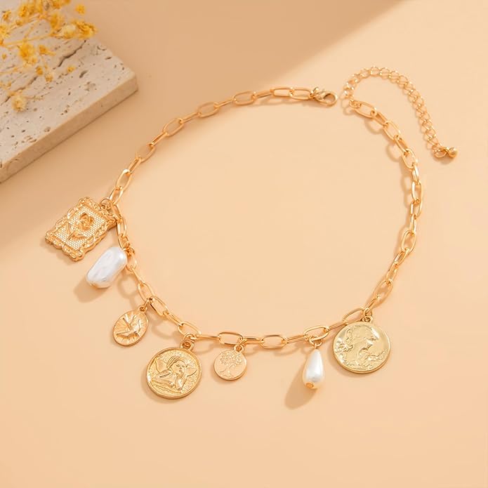 Gold Chic Charm Necklace for Women With White Pearl Square Pendant Adjustable Retro Boho Beach Style Trendy Summer Shell Pearl Coin Paperclip Chain Necklaces Jewelry for Women (style2)