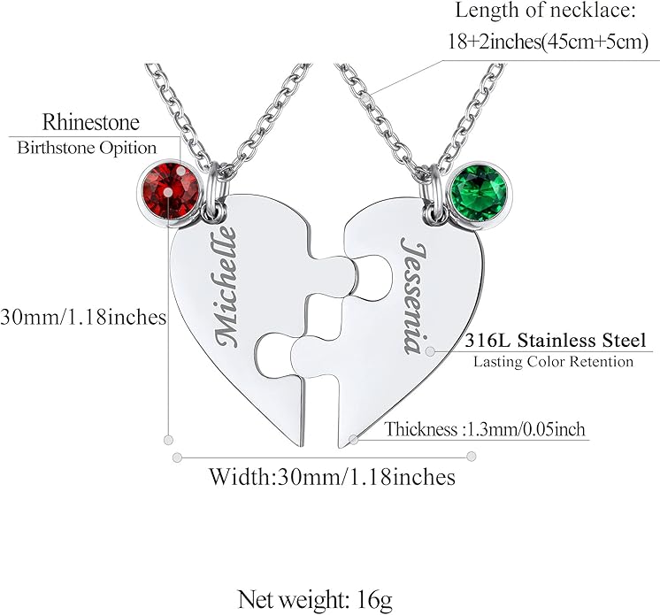FindChic Personalized Matching BFF Necklace for 2/3/4/5/6 Puzzle Name Heart Pendant Stainless Steel Couple Necklace Set Customized Necklaces for Teen Girls