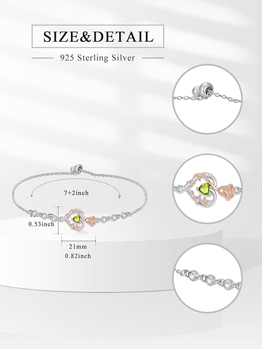 Birthstone Charm Link Bracelet 925 Sterling Silver Rose/Heart/Mom Bracelet with 12 Months Birthstone Mother's Day Gift Jewelry Gifts for Women,Chain Length 7"+2" Extend