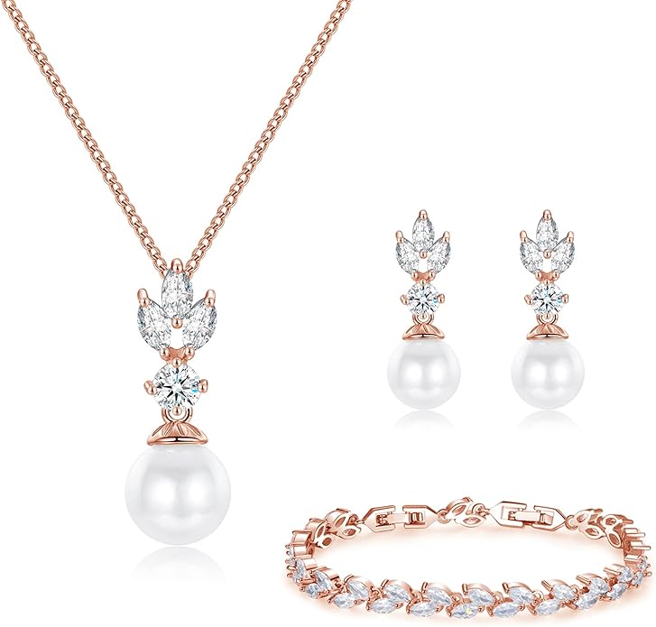 Wedding Jewelry for Bride Bridesmaid, Pearl Dangle Earrings and Pendant Necklace Set Bridal Jewelry for Promise Wedding Party
