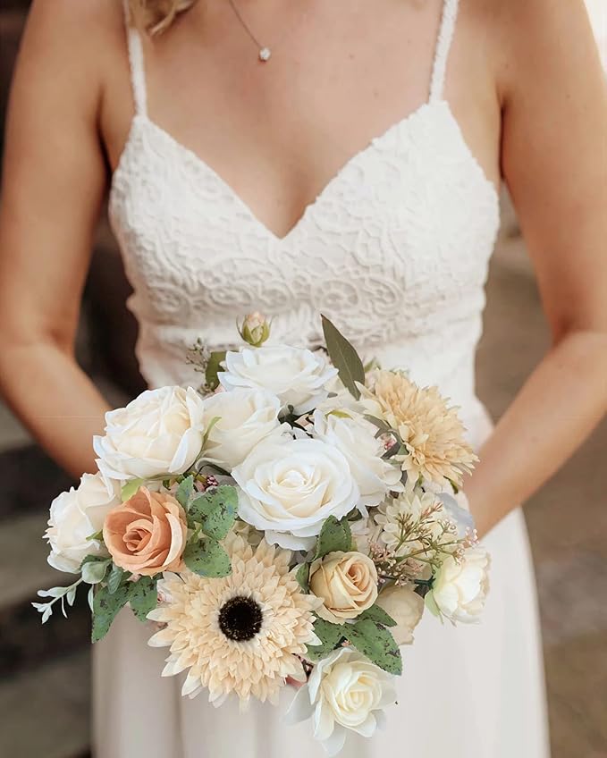 Roses Artificial Flowers White Combo Box Set Fake Flower Bulk with Stems for DIY Bridal Wedding Shower Decorations Faux Floral Arrangements for Party Table Centerpieces Home Decor Indoor