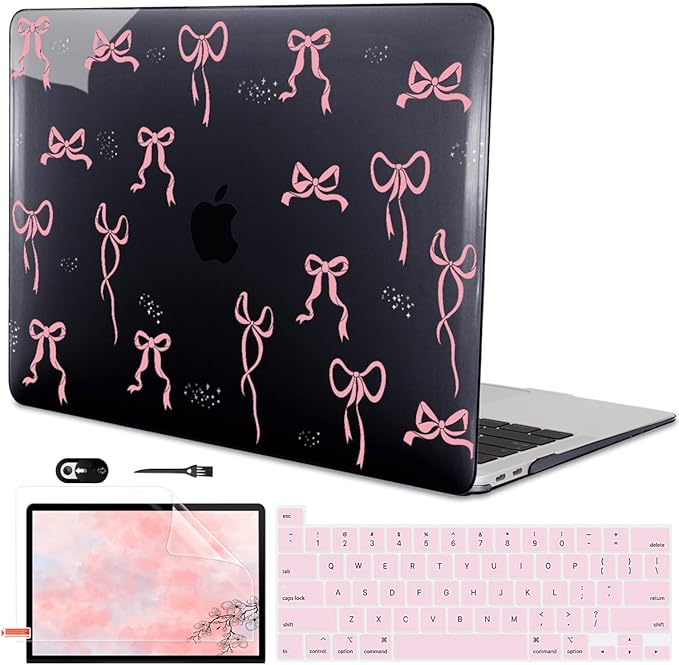 for 2020 2021 2022 MacBook Pro 13 inch Case M2 M1 A2338 A2289 A2251 with Touch Bar & Touch ID, Printed Pattern Plastic Hard Shell Case Keyboard Cover Screen Protector, Pink Bowknot Black