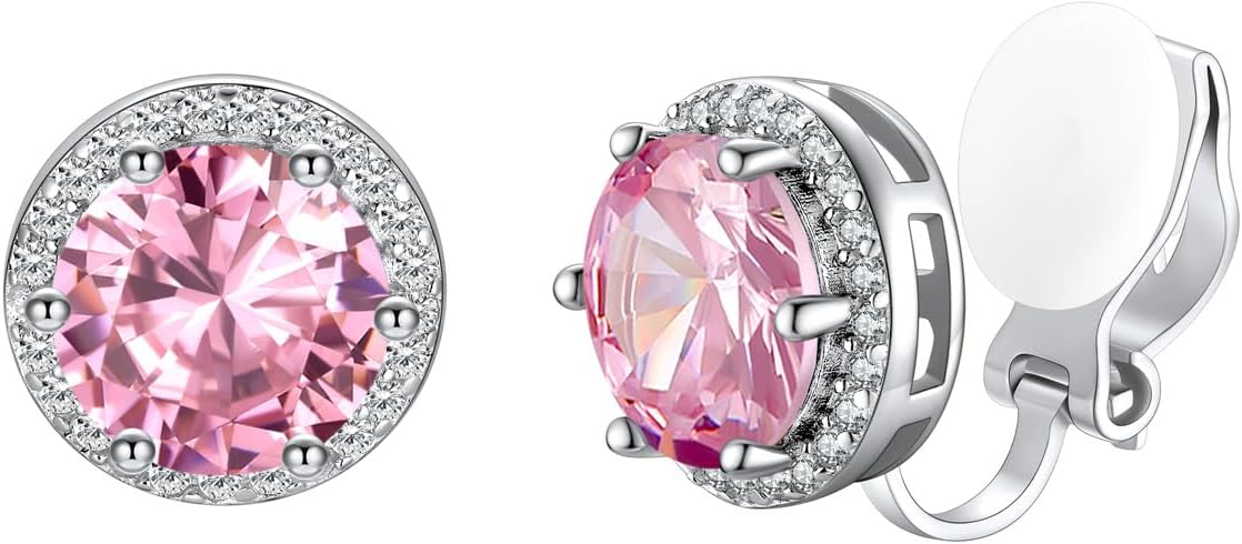 Silvora 925 Silver 8MM Cubic Zirconia Birthstone Clip On Stud Earrings Round Non Pierced Earrings For Women,Come with Box