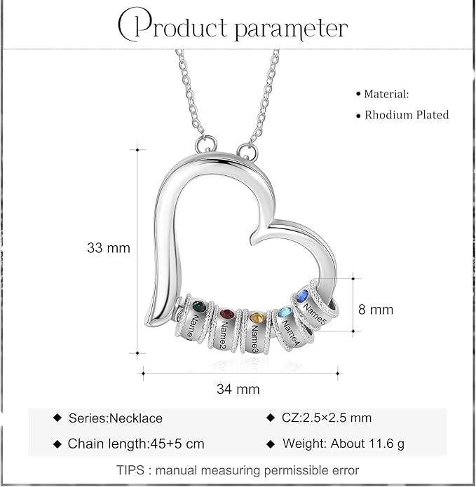 Personalized Women's Pendant Necklace 925 Sterling Silver with 1-5 Simulated Birthstone Names Customized Heart Shape Cubic Zirconia Necklace
