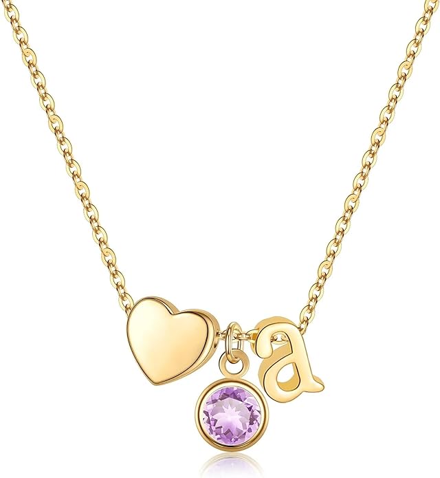 Ursilver Initial Birthstone Necklace for Women - Heart Initial Birthstone Pendant Necklace Personalized Gifts Birthday Gifts for Women