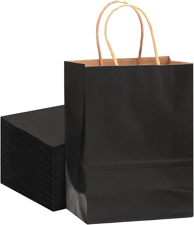 qiqee Large Kraft Paper Bags with Handles 13"x10"x5" 32 pcs Gift Paper Bag Black Solid Color Bags（Large Size）