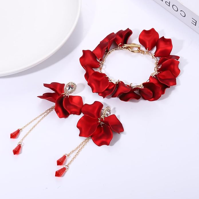 Flower Petal Necklace Earrings Set Layered Statement Beaded Jewelry Set for Women Summer Necklace Earrings