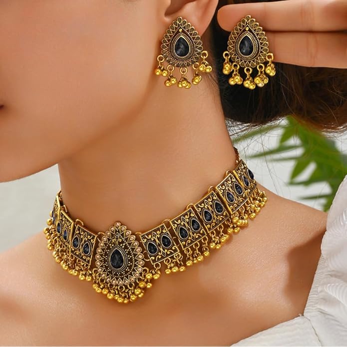Indian Wedding Bridal Traditional Bohemian Jewellery Set for Women Girls Antique Oxidized Ethnic Party Prom Wear Statement Necklace Earring Tassel Bollywood Choker Punk Crystal Fashion Gift for Bride