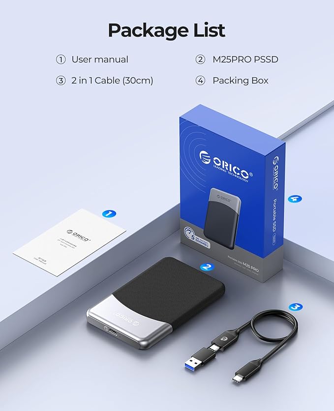 ORICO 4TB External SSD with 2 in 1 USB C Cable, Portable Solid State Drive USB 3.2 Gen 1 Up to 460MB/s, Dust and Drop Resistance, Reliable Storage for USB-C Smartphone, PC, Tablet, Labtop - M25PRO
