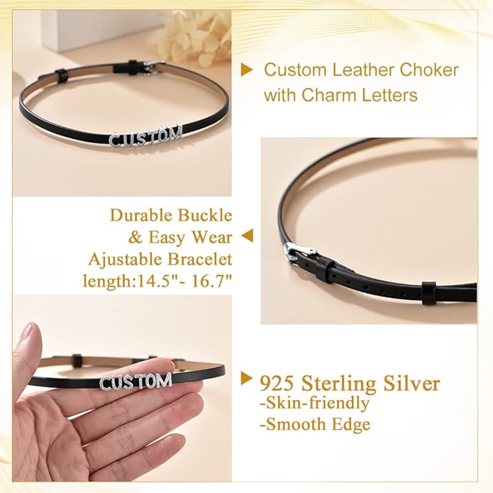 Custom4U Personalized Black Leather Choker Necklace with Picture/Name/Initials/Letters Charm,Custom Made Adjustable Choker Collar Gothic Punk Necklaces Jewelry Gifts for Women