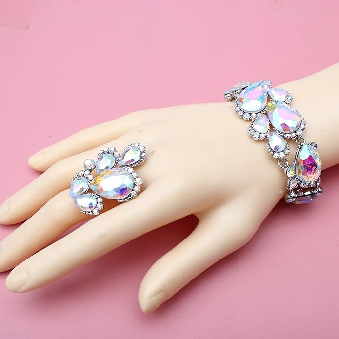 Women's Wedding Bridal Austrian Crystal Glass Teardrop Statement Necklace Dangle Earrings Bracelet Ring Wedding Party Jewelry Set for Bridal Bridesmaid