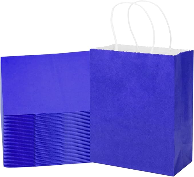 MOZRRO Gift Bags, 100 Pack 10.5x8.5x4.5 Inch, Paper Bags with Handles, Medium Size, Jewel Blue Gift Bag for Birthday, Wedding, Bulk, Party, Lunch, Goodie