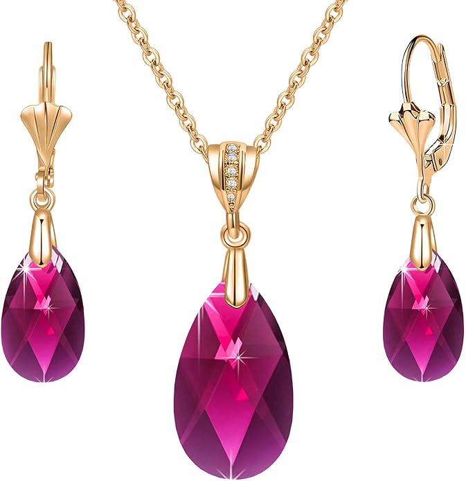 EVEVIC Austrian Crystals Teardrop Pendant Necklace Earrings for Women 14K Gold Plated Hypoallergenic Leverback Drop Dangle Earrings Jewelry Set