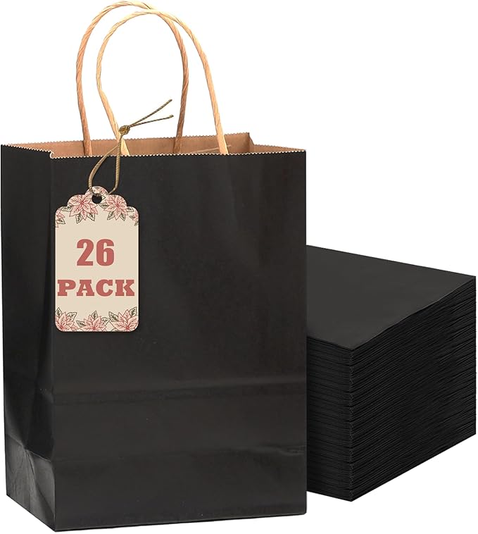 qiqee 26-Packs Black Gift Bags with Handles Bulk 8.3"x3"x 6" Small Size Kraft Party Paper Bags