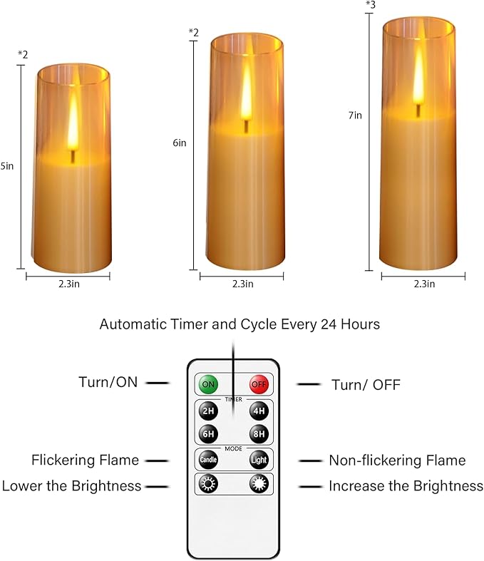 Flickering Flameless Candles 7Pcs Upgraded Realistic Dancing Flame Battery Operated Candles,LED Candles with Remote and Timers,Acrylic Electric Pillar Candles for Festivals Decor(Gold)