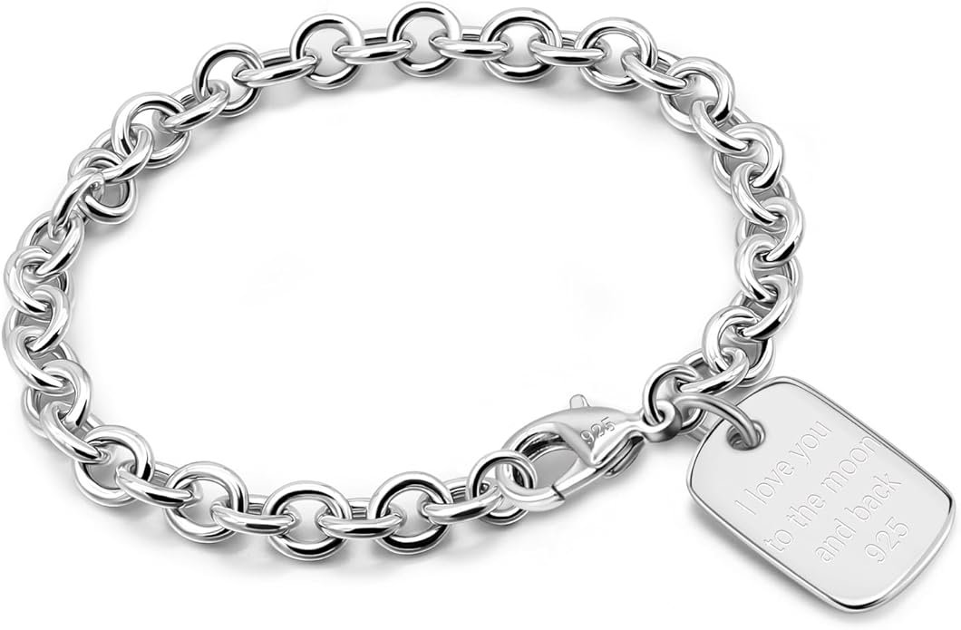 Dankadi Women 925 Sterling Silver Round Cable Wire Link Bracelet Charm Heart-Bell-Square-Circle Pendant Chain Bangle Fine Jewelry Gift For Wife Her