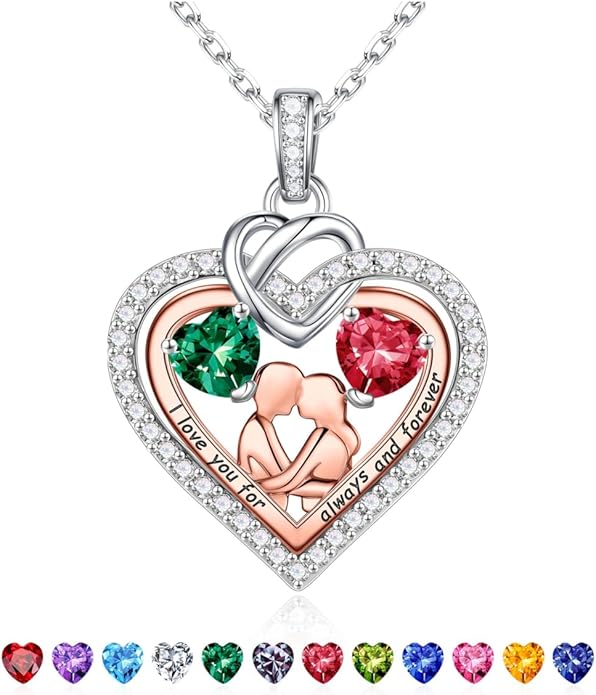 Iefil Valentines Day Gifts for Her - 925 Sterling Silver Double Heart Birthstone Necklace for Women, Anniversary Birthday Gifts for Wife I Love You Gift Couple Sitting Hugging Each Other Jewelry Gift