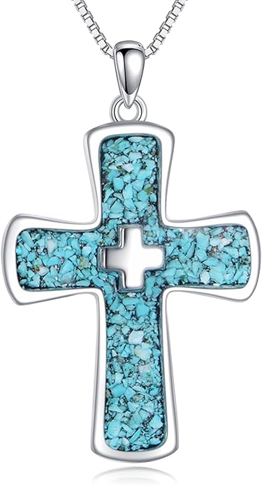 RMREWY Genuine Turquoise Cross Necklace, Sterling Silver Native American Boho Western Vintage Pendant Religion Jewelry Birthdays Gift for Women