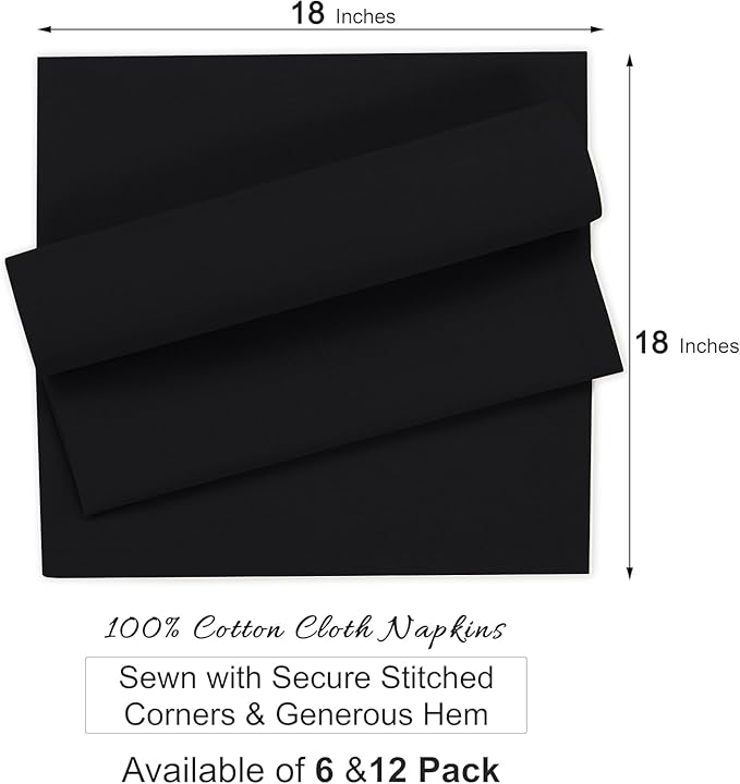 Ruvanti Premium Cloth Napkins Set of 6, 18x18 Inches, 100% Cotton, Washable, Soft & Absorbent, Perfect for Wedding, Christmas, ‎Thanksgiving Dinners - Black Beauty