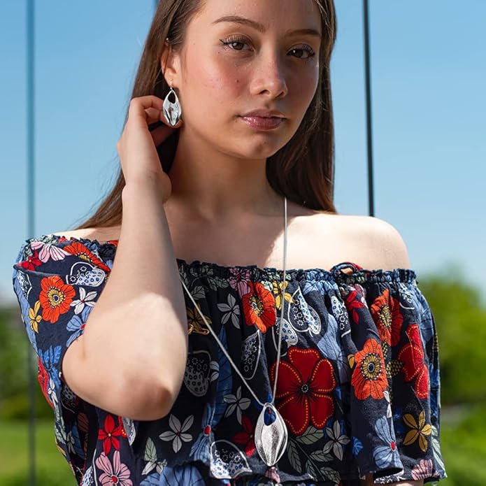 Madison Tyler Gold Plated Jewelry Set for Women | Silver Teardrop Pendant Necklace Trendy | Long Necklace with Snake Chain | Fashion Dangle Earring Set