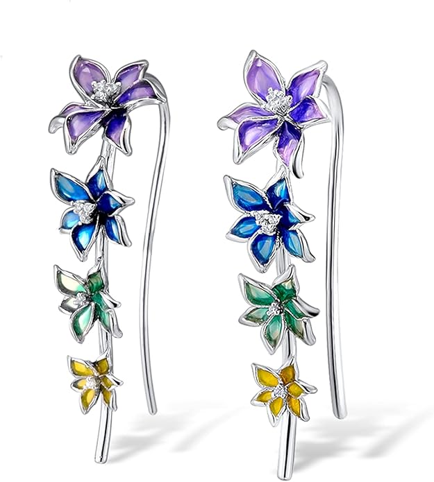 Santuzza 925 Sterling Silver Enamel Flower Ear Cuffs Climber Earrings for Women