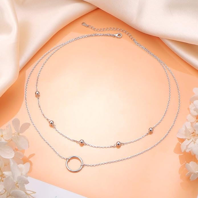 Circle Choker Layered Necklace S925 Sterling Silver Double Necklace for Women Simple Boho Choker Necklace Set Circle Womens TrendyJewelry Accessories