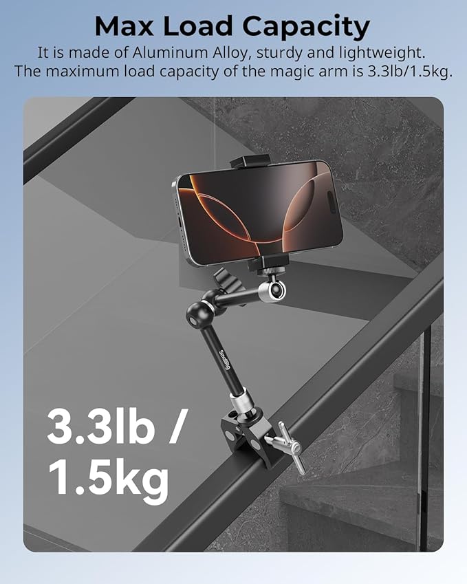 SMALLRIG Clamp w/ 1/4" and 3/8" Thread Holes, 9.8 Inches Adjustable Friction Power Articulating Magic Arm with Phone Holder for Action Cameras, Smartphones, LCD Monitor/LED Lights - 5326