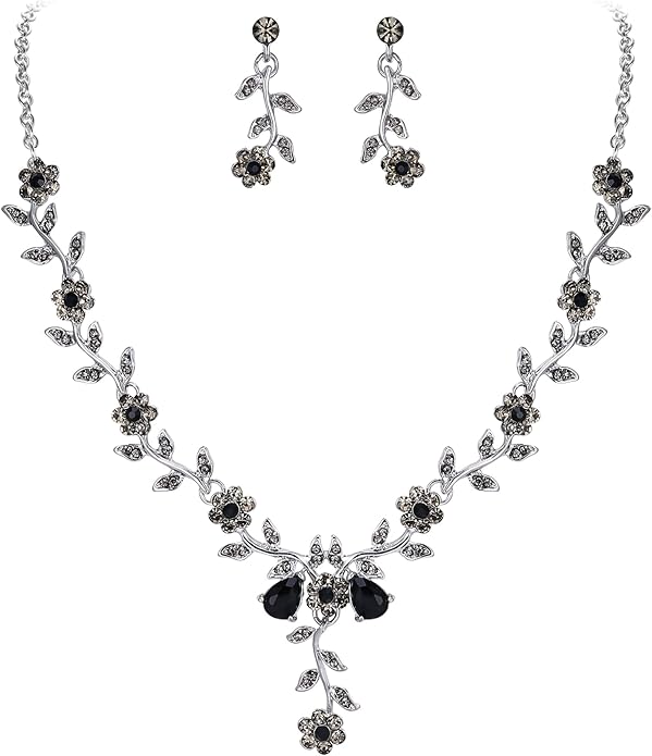 BriLove Women's Wedding Jewelry Leaf Cluster Flower Crystal Dangle Earrings Pendant Necklace Set for Bridal