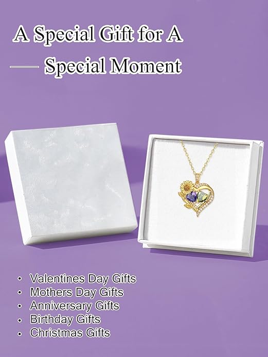 Sunflower Heart Necklace for Women 14K Gold Exquisite Valentines Day Anniversary Birthday Gifts for Wife Mother Her Double Birthstone Pendant Jewelry‘You Are My Sunshine’