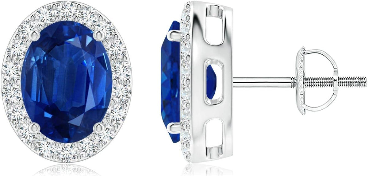 ANGARA Natural Blue Sapphire Earrings for Women | Prong-Set Oval Blue Sapphire Stud Earrings with Diamond Halo in 14K Solid Gold/Platinum | September Birthday, Anniversary, Gemstone Jewellery Gift