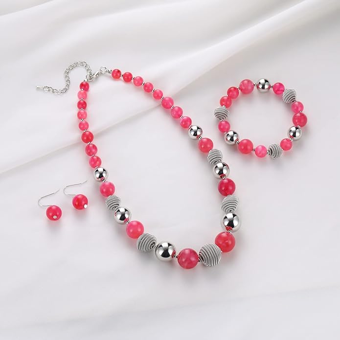 PEARL&CLUB Beaded Chunky Statement Necklace Earring and Bracelet Set Silver Metal Bead Fashion Jewelry Set Mothers’ Day Gifts for Women