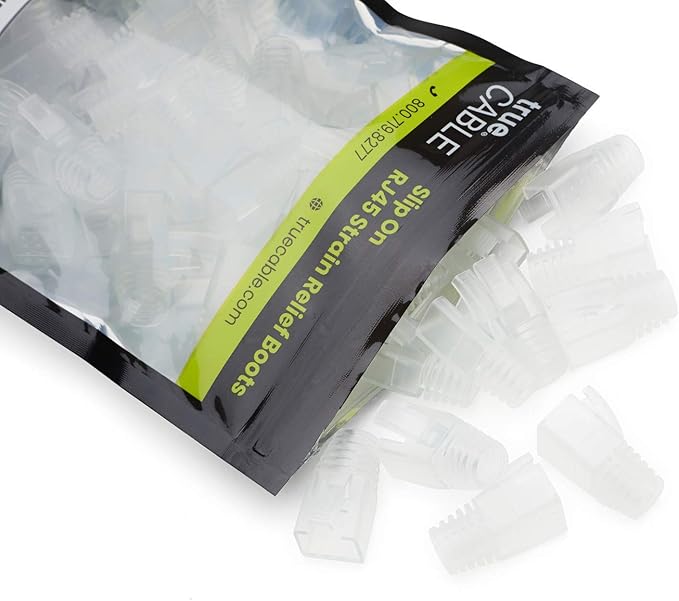 trueCABLE RJ45 Strain Relief Boots, 7.5mm Slip-On PVC Plug Cover, Transparent, 100 Pieces