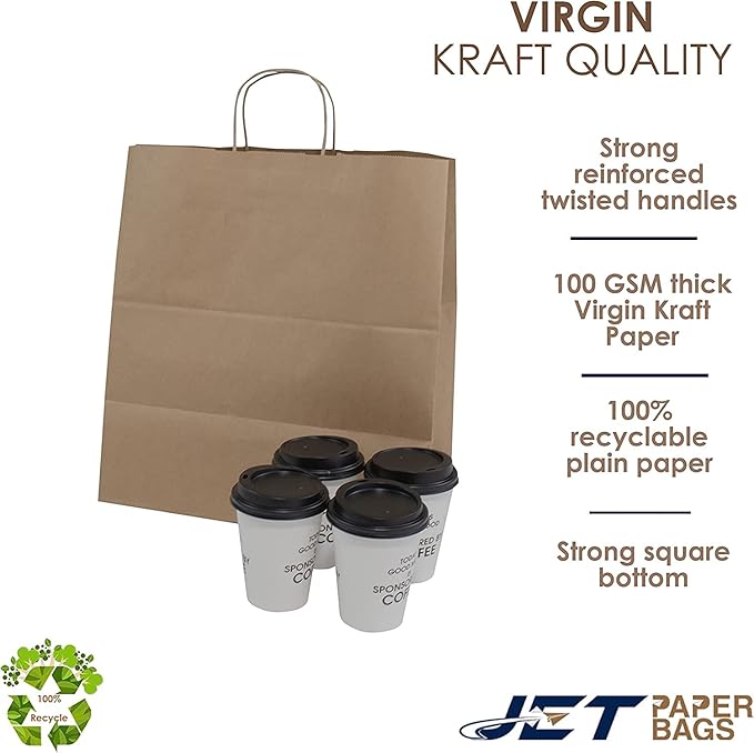 JET PAPER BAGS - 14”x9”x16” Inch [100 Pcs] Large Brown Paper Bags with Handles Prime for Takeout, Grocery, Goody, Retail, Party, Gifts, Weddings