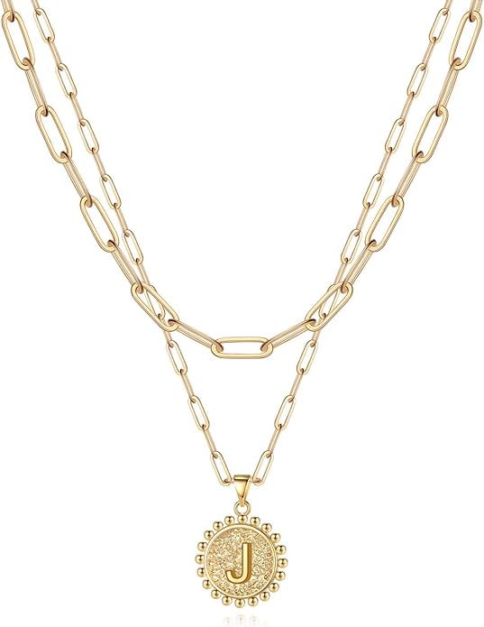 Yoosteel Valentines Gifts for Women Her - Gold Layered Initial Necklaces for Women 14K Gold Plated Dainty Layering Paperclip Link Chain Necklace Coin Initial Necklace Birthday Gifts for Teen Girls