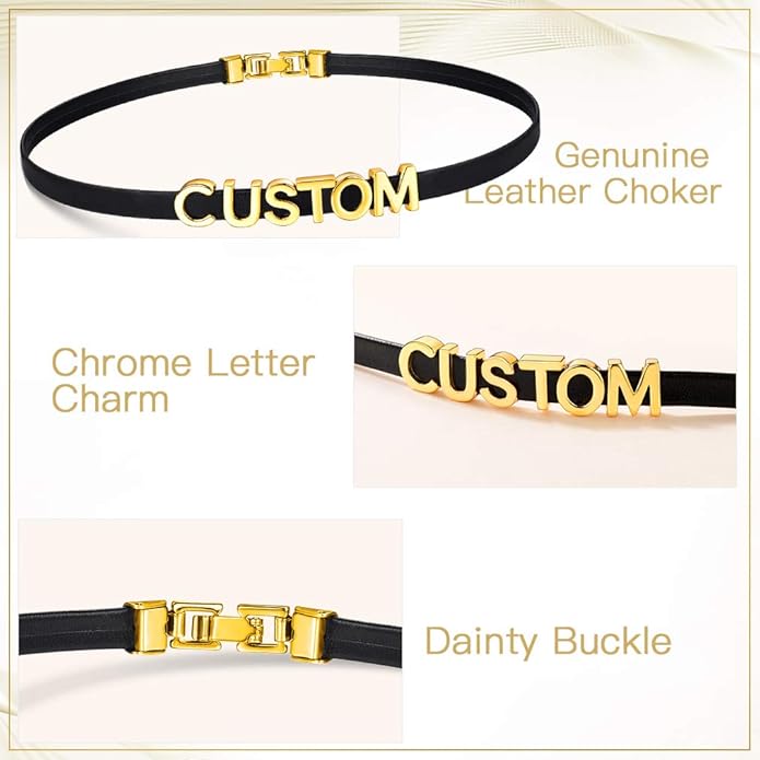Custom4U Personalized Black Leather Choker Necklace with Picture/Name/Initials/Letters Charm,Custom Made Adjustable Choker Collar Gothic Punk Necklaces Jewelry Gifts for Women