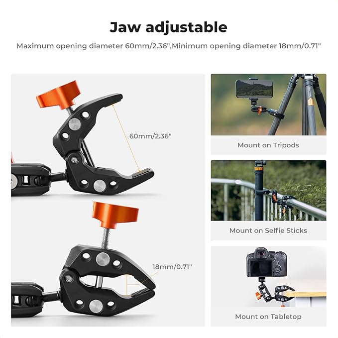 K&F CONCEPT Double Super Clamp Camera Mount with 1/4" Threads Metal Clamp for Chair, Pole, Tripod, Desk, Flag, Umbrella, Motorcycle Mount