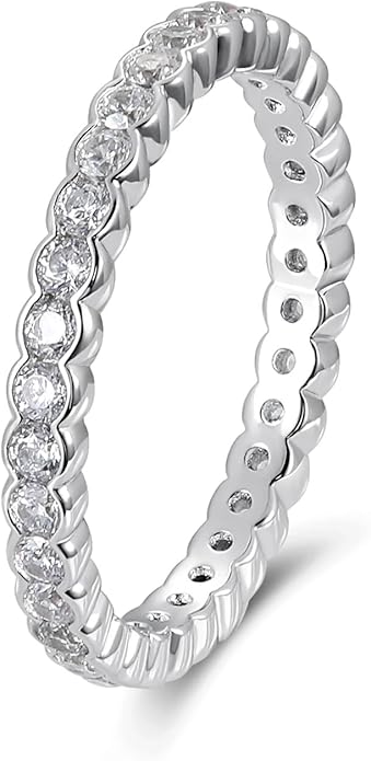 D Color VVS1 Clarity Moissanite Hand Setting Eternity Rings for Women, Solid 925 Sterling Silver Rhodium Finish, Stackable Ring, Wedding Birthday Valentines Anniversary Mothers Day Ideal Gift for Her