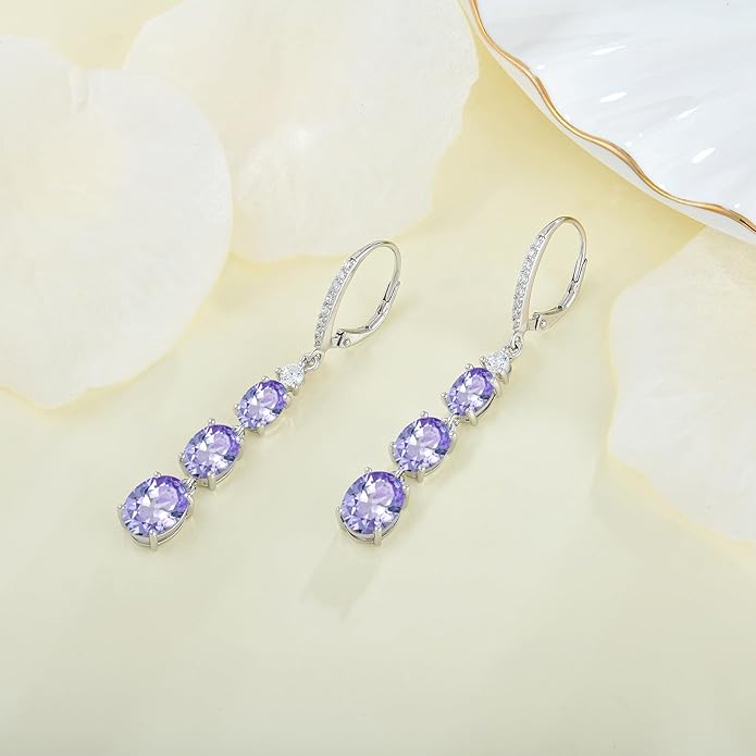Women 925 Sterling Silver Birthstone 3-stone Leverback Drop Dangle Earrings 5A Cubic Zirconia Jewelry for Her