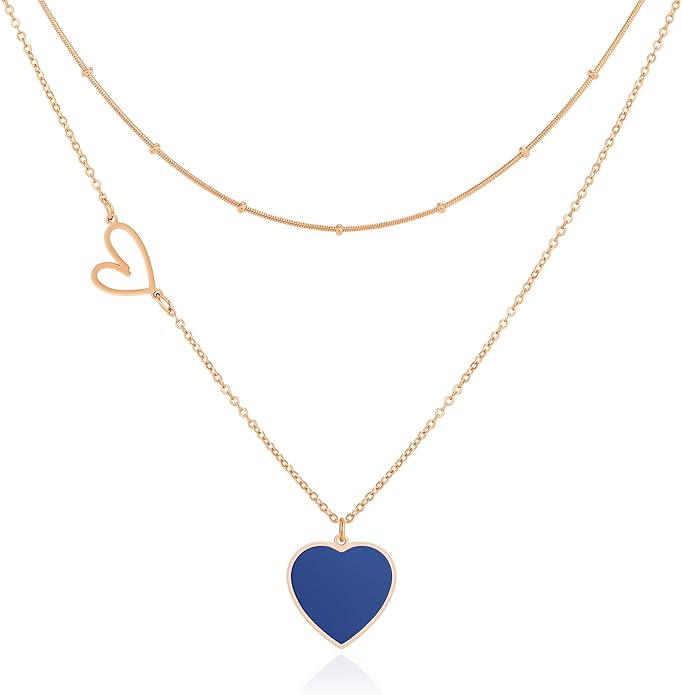 Linawe Layered Choker Heart Pendant Necklace for Women Trendy, Gold/Silver/Rose Gold Chain Stainless Steel Stacked Necklaces, Double Heart Necklace Y2K Preppy Jewelry