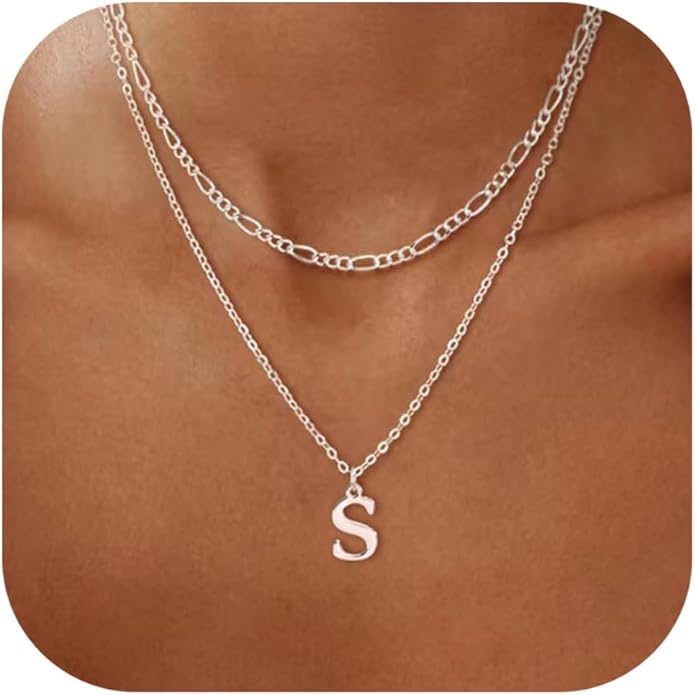 Initial Necklaces for Women Dainty Gold Silver Layered Letter Pendant Necklace Cute Figaro Chain Choker Necklace Personalized Trendy Stuff Jewelry Stack Gift for Women Her