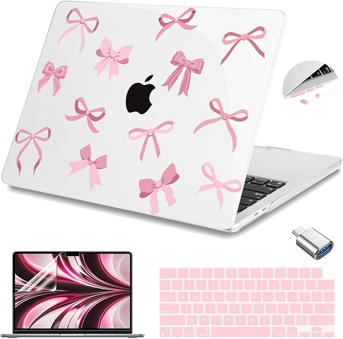 Teryeefi Case for MacBook Air 13.6 inch M4 M3 M2 2025 2024 2023 2022 Released Model A3240 A3113 A2681, Design Protective Hard Shell Cover for MacBook Air M3 M2 13 inch, Cute Pink Bows