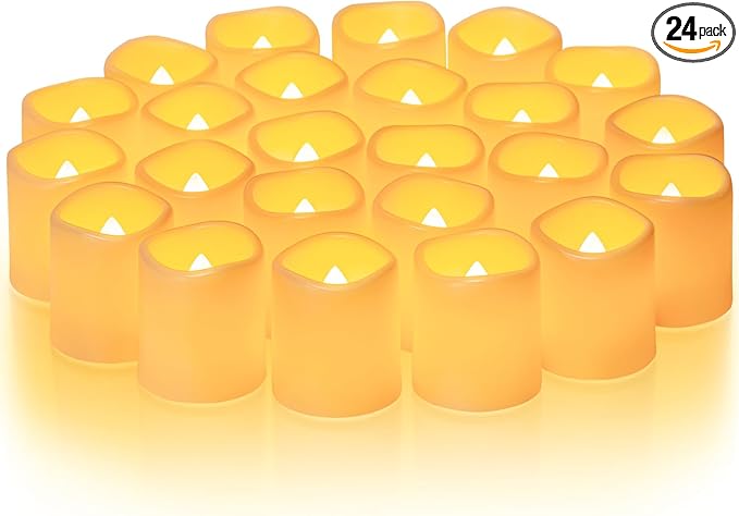 Homemory 24Pack Flickering Flameless Votive Candles,200+Hour Electric Fake Candles,Battery Operated LED Tealight for Wedding,Table,Outdoor,Halloween,Christmas Decoration-Amber Yellow