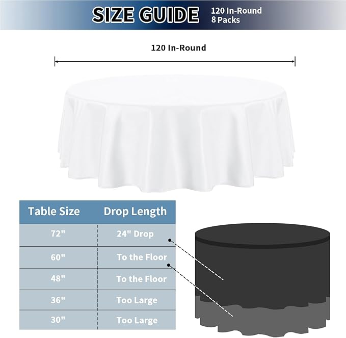 PureFit 8 Pack Round White Table Cloths 120 Inch for Round Tables, Stain and Wrinkle Resistant Table Linens for Home Use, Wedding, Party, Banquet and Camping
