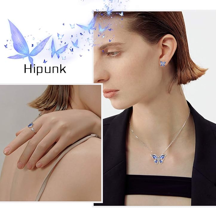 925 Sterling Silver Birthstone Butterfly Jewelry Women Crystal Animal Cute Butterflies Birthday Necklace/Earring/Ring/Bracelet Sets Birth Stone Statement Anniversary Jewellery