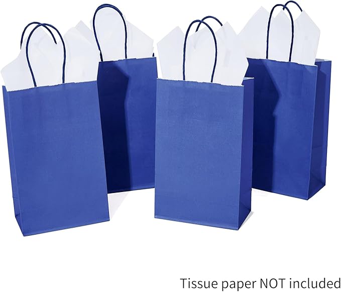 DjinnGlory 100 Pack Small Navy Paper Gift Bags with Handles (Nautic Blue) 9x5.5x3.15 Inch for Boutiques, Weddings, Graduations, Men's Birthdays, Kid's Party Favors