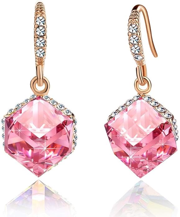 Austrian Crystal Cube Drop Dangle Earrings for Women 14K Gold Plated Hypoallergenic Jewelry