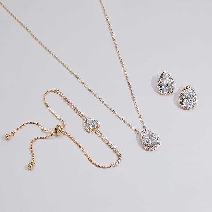 UDYLGOON Imitation Cubic Zironia Diamond Teardrop Earrings Necklace Bracelet Jewelry Set For Bride Bridesmaids Bridal Wedding Party Prom Jewelry Gift