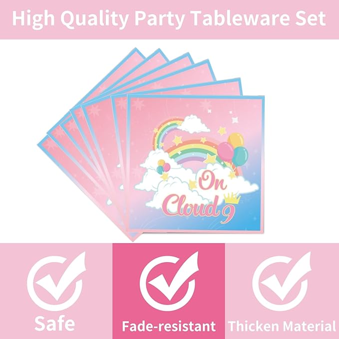 96PCS On Cloud 9 Plates and Napkins Party Supplies On Cloud 9 Birthday Decorations for Girls 9th Birthday Cloud 9 Themed Disposable Tableware Set Serve 24 Guests