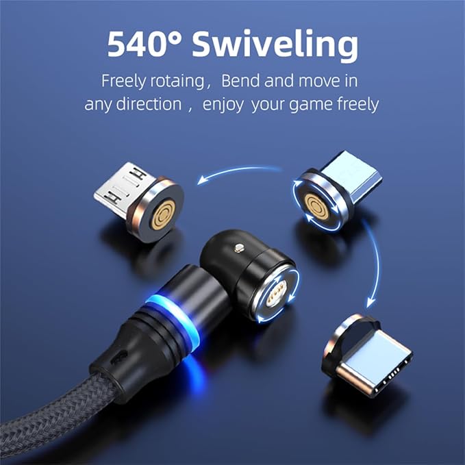 Magnetic Charging Cable (6-Pack,1.6+3.3+3.3+6.6+6.6+10ft) 540° Rotation 3A Fast Charging Data Sync 3 in 1 Magnetic Phone Charger Cable with LED Light Compatible with Micro USB Type C Phone Device
