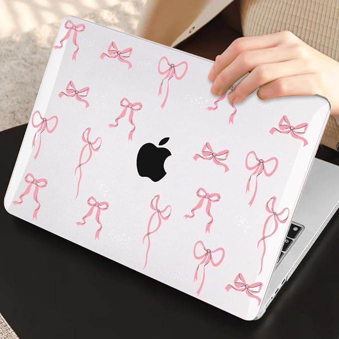 Compatible with 2021 2020 2019 2018 MacBook Air 13 inch Case M1 A2337 A2179 A1932 with Touch ID, Crystal Clear Pattern Plastic Hard Shell Case for MacBook Air 13 M1 2021, Pink Bowknot